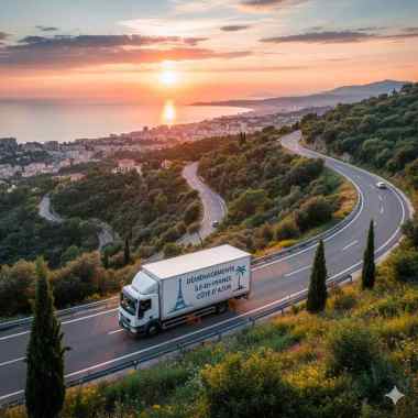 camion de déménagement circulant sur une route de corniche surplombant la Côte d'Azur